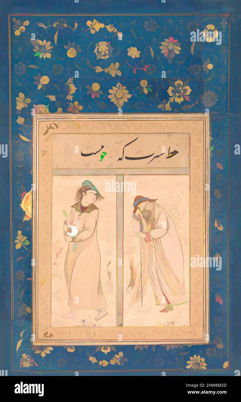 Art inspired by The Old man and the Youth, second quarter 17th century, Attributed to Iran, Isfahan, Ink, transparent and opaque watercolor, and gold on paper, 5 in. high 2.12 in. wide (12.7 cm high 5.4 cm wide), Codices, Painting by Riza-yi `Abbasi (Persian, ca. 1565–1635), Mounted on, Classic works modernized by Artotop with a splash of modernity. Shapes, color and value, eye-catching visual impact on art. Emotions through freedom of artworks in a contemporary way. A timeless message pursuing a wildly creative new direction. Artists turning to the digital medium and creating the Artotop NFT Stock Photo